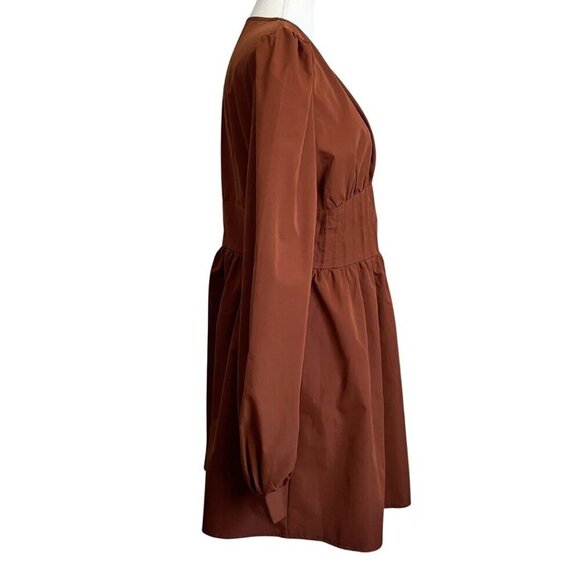 PRETTYLITTLETHING BUTTON FRONT PUFF SLEEVE SKATER SKIRT IN BROWN - 10 - Picture 3 of 13